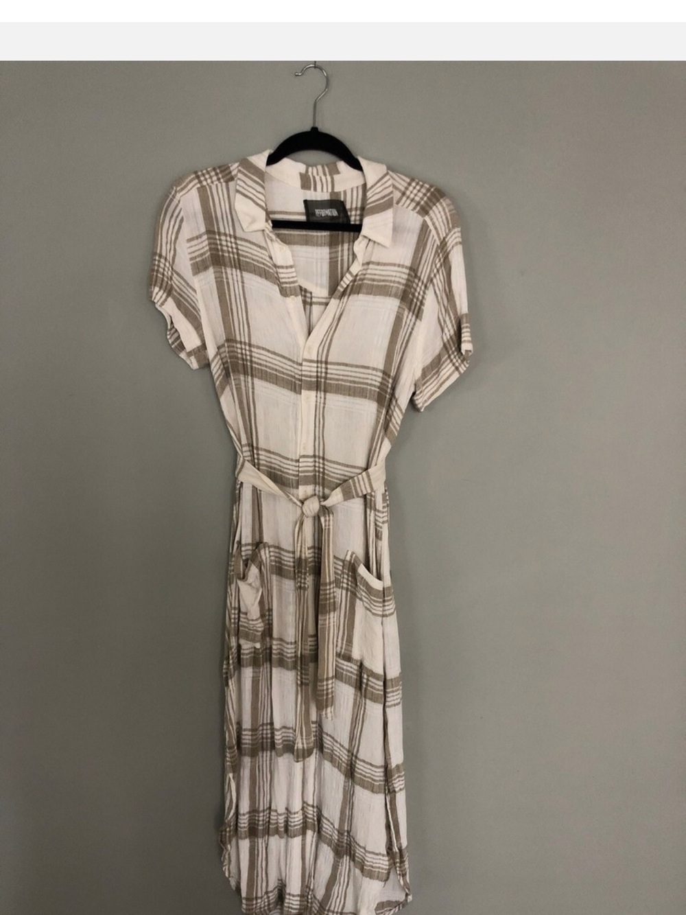 Reformation Cream & Tan Plaid Shirt Dress with Tie Waist